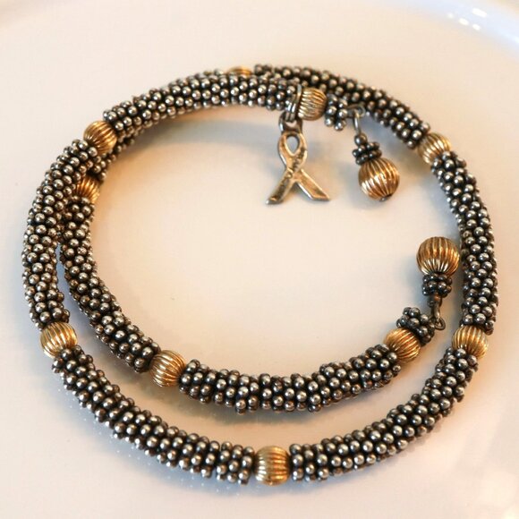 Sterling Silver Beads Breast Cancer Awareness Bracelet Gold Plated Beaded Wrap - Picture 1 of 5